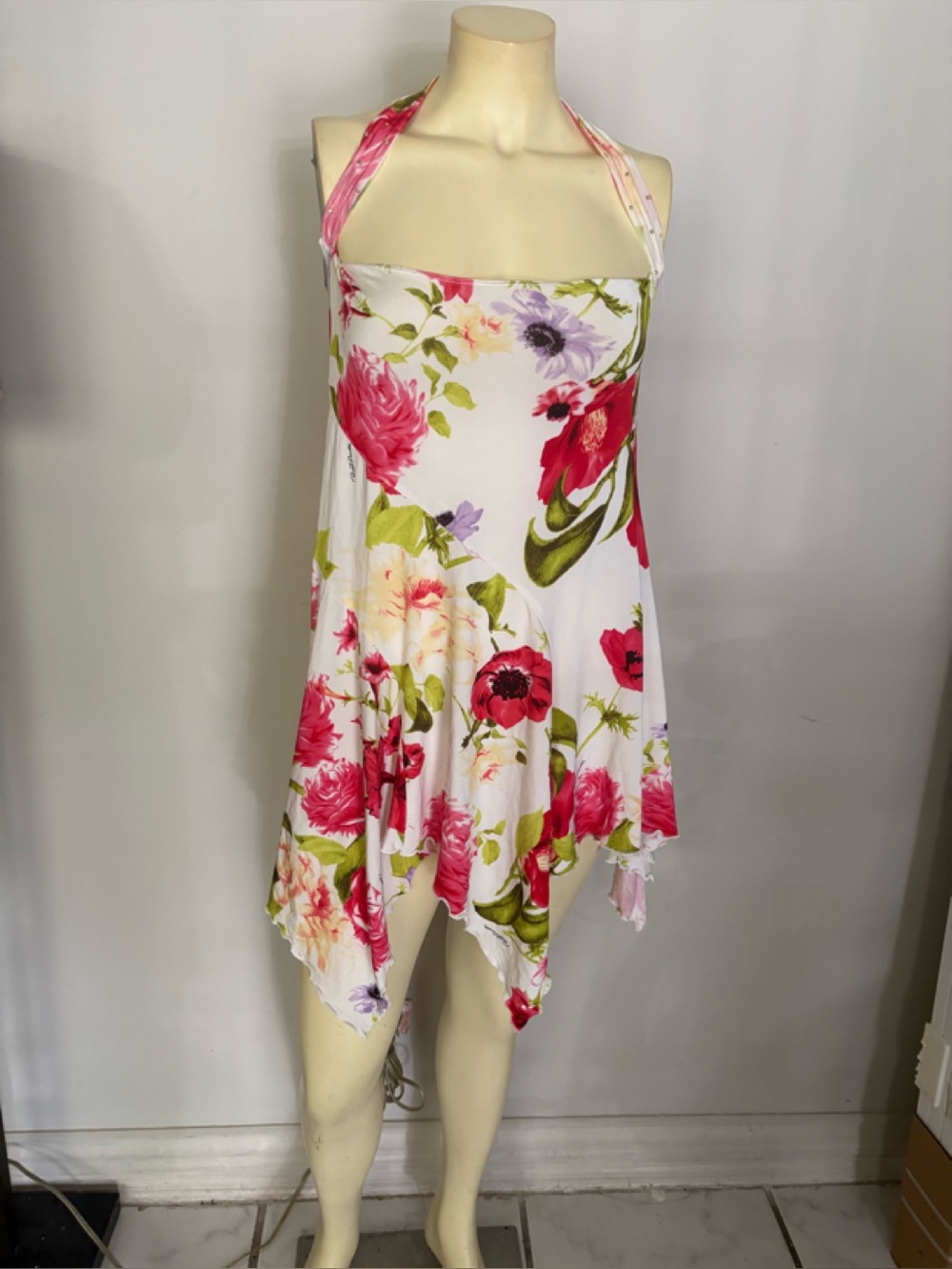 Roberto Cavalli White Floral Asymmetrical Halter Dress Size Small